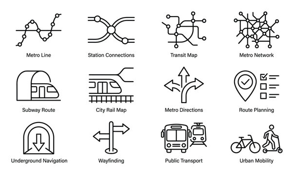 Subway transit map and urban mobility line icons for public transportation