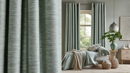 Elegant bedroom interior with curtains bed and decorative elements