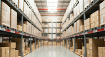 Fototapeta premium Defocused view of a logistics and storage center aisle, showcasing the manufacturing supply chain and inventory management