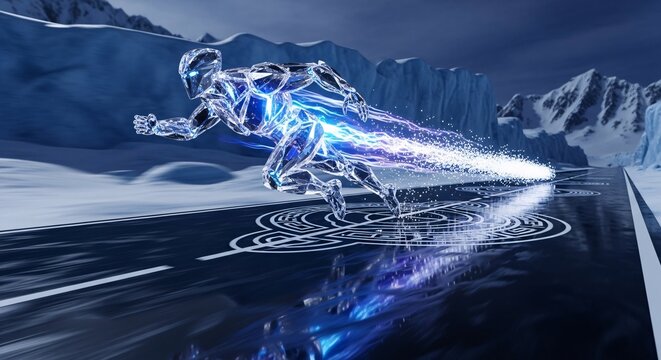 Futuristic Crystal Speeding Across Antarctic Ice Road with Glowing Energy Trails