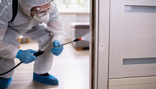Technician in full protective equipment applying disinfectant or insecticide spray near an interior door.
