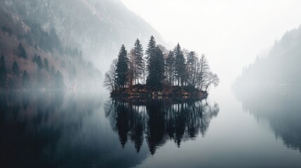Tranquil island landscape with trees reflecting in still water on a misty day