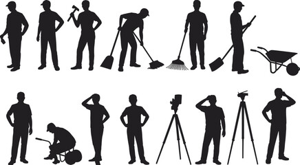 Construction and maintenance worker silhouettes vector collection, men with shovel rake wheelbarrow hammer and survey tripod isolated on white background © Vector's World