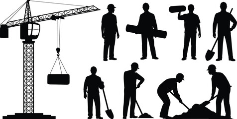Construction worker and tower crane silhouettes vector set, builders with shovel and rolled plans industrial labor scene isolated on white background © Vector's World