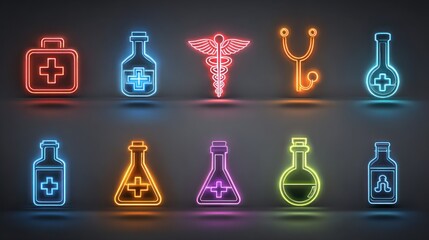 Neon medical icons set illustrating healthcare medicine and treatment