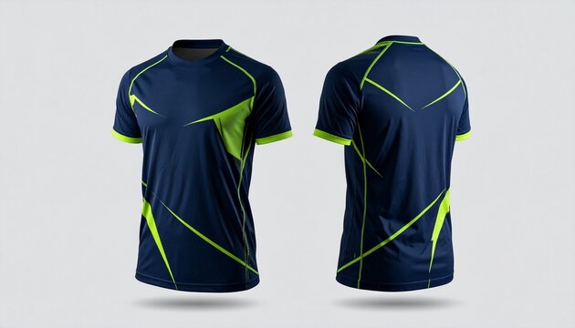 Performance activewear shirt featuring a striking navy and neon green geometric pattern