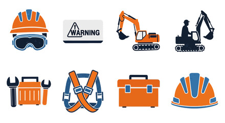 Retro Textured Construction Safety Icons. Hard Hat, Excavator Machinery, Warning Sign, Tool Kit, and Worker Harness Graphics.