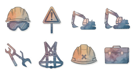 Watercolor Construction Icons Set: Hard Hat, Excavator, Safety Gear, Warning Sign, and Toolbox Stickers for Labor and Engineering Projects