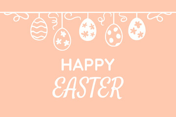 Happy Easter text with hanging eggs on peach background, decoration, banners, wallpapers, cards, vector 