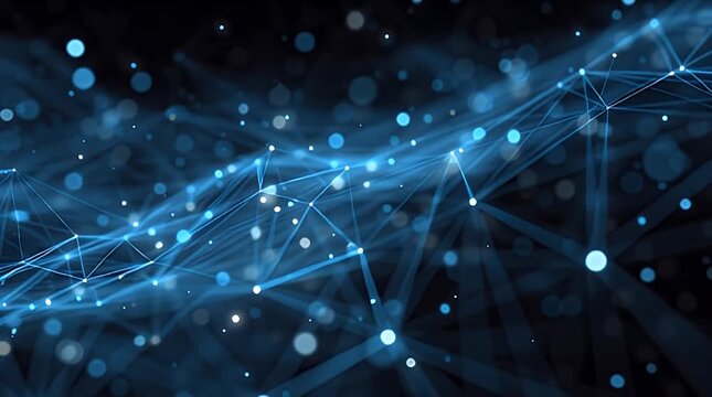 A digitally rendered abstract illustration. The image showcases interconnected nodes and lines, bathed in a cool blue hue. Bokeh effects add depth
