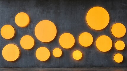 Abstract wall art yellow circles against dark gray texture