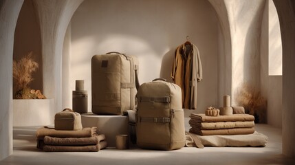 Bags and accessories displayed in a neutral toned room with arched alcoves