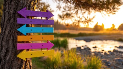 Colorful directional sign attached to tree outdoors with nature background