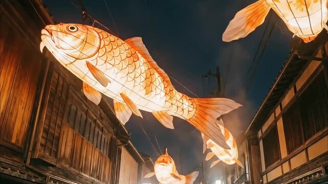 Huge lanterns shaped like Koi fish "swimming" in the air suspended between traditional buildings 4K Videos