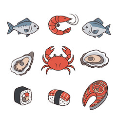 Obraz premium Assorted Seafood Illustrations Including Fish and Sushi.