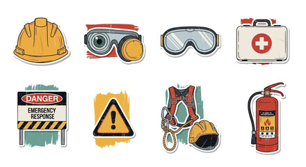 Retro Safety Equipment and PPE Stickers Set. Industrial Hard Hat, Fire Extinguisher, First Aid Kit, and Danger Signs in Vintage Grunge Style.