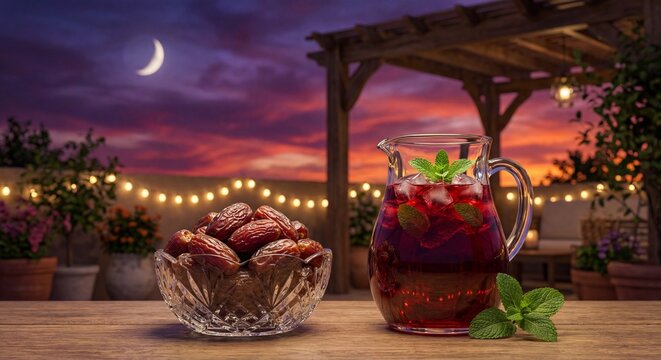 Sajian Buka Puasa dengan Kurma dan Jus Buah Segar saat Matahari Terbenam dengan Bulan Sabit
