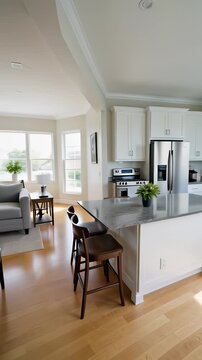 Smooth walkthrough inside a modern house interior showing a dining room and bright white kitchen with stainless steel appliances, illustrating real estate concepts.