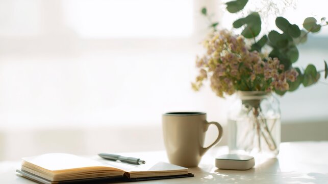 Cup of coffee sits on a table next to a notebook and a vase of flowers