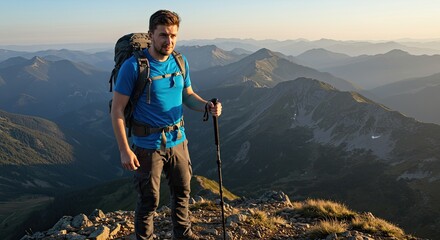 Hiker with backpack stands on mountain peak overlooking scenic landscape