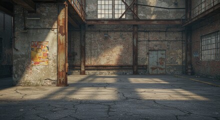 Industrial warehouse interior with concrete floor and rusty beams