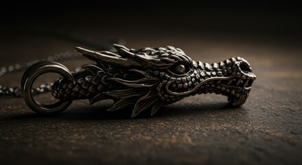 Intricate dragon pendant necklace on textured surface close up
