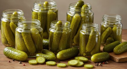 Jarred pickles displayed on a wooden surface for culinary and food concepts