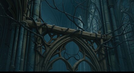 Intricate wooden structure within a dark gothic architectural setting