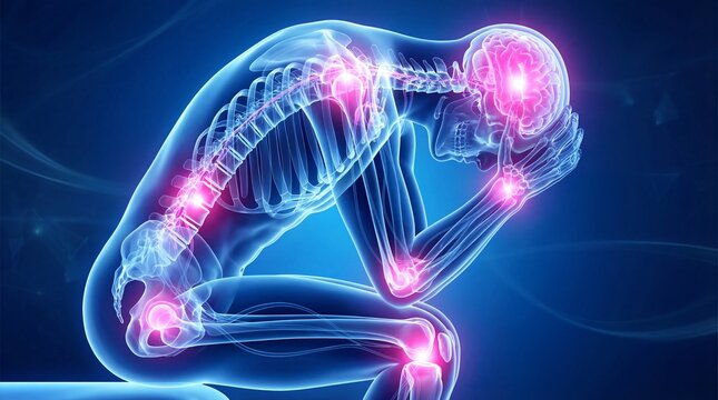 Digital Anatomical Skeleton with Pain Point Illustration in Blue Gradient Background