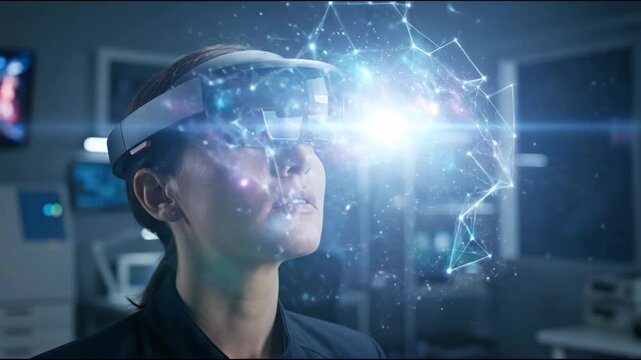 Woman wearing mixed reality headset exploring holographic neural network projection laboratory, headset hologram data visualization around female