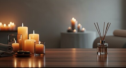 Lit candles arrangement with spa aromatic sticks on wooden table