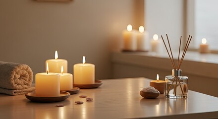 Lit candles on table with aromatherapy diffuser relaxation spa concept