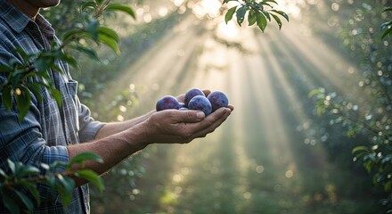 Man holds fresh plums in sunlit orchard environment harvesting concept