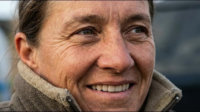 Smiling woman closeup outdoor portrait showing wrinkles and warm expression jacket weathered woman with warm smile and creased skin wearing fleece
