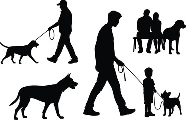 People walking dogs silhouettes collection, pet owners with leash and domestic canine figures, black vector illustration set isolated on white background