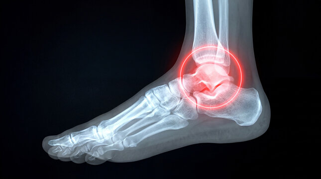 Ankle Joint Pain X-ray Scan with Red Highlight Medical Illustration