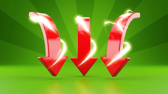 Three shiny red arrows pointing downwards on a vibrant green background
