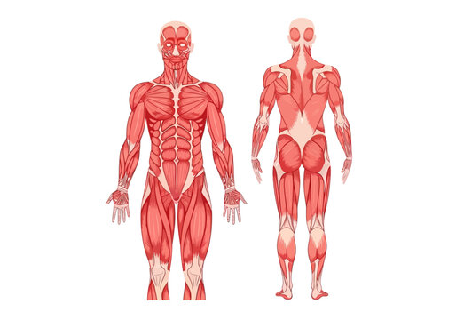 Anatomical illustration of the human muscular system front and back view.