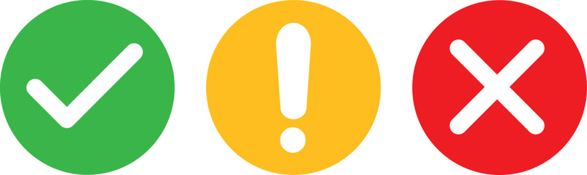 Green checkmark yes yellow question mark and red cross no symbols isolated on transparent background