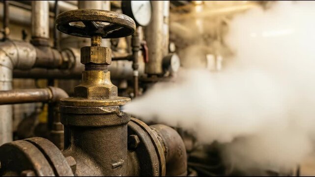 Rusty industrial valve and metal pipes releasing white steam boiler room with pressure gauge and aged steam pipe gauge industrial boiler metal rusty