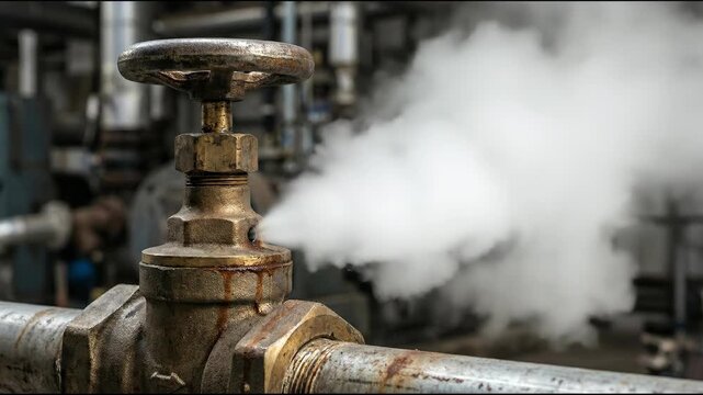 Rusty industrial valve releasing steam in factory pipe system conveying heat pressure control corrosion rust metal pipe maintenance urgency