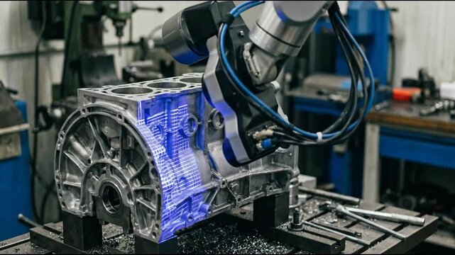 Industrial robotic arm scanning metal engine block with blue laser scan overlay revealing surface geometry and machining detail for engine block