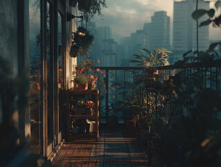 Balcony plant shelf city haze warm evening urban apartment cozy green oasis