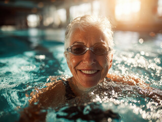 Senior woman smiling in indoor pool wearing swim goggles and enjoying sunlight reflection