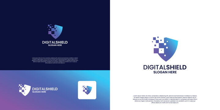 Futuristic shield data security logo design. Pixel shield symbol for business technology