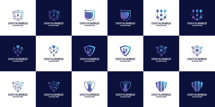 Set of data protections, shield tech logo design template. Abstract symbol for business technology