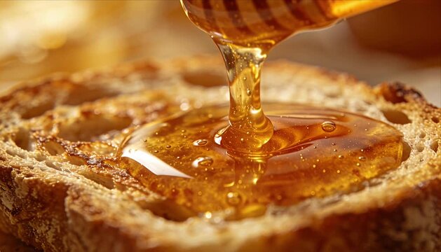 Viscous liquid splash macro dew drops honey toast bread breakfast closeup golden sweet food texture swirling light reflection warm morning kitchen table rustic slice drizzle syrup detail glow