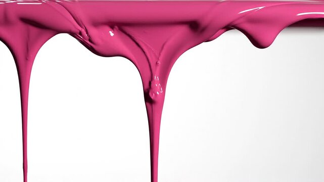 Vibrant pink liquid paint dripping and flowing on white background
