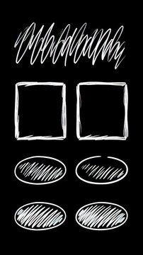 Set of animated white hand drawn scribble shapes featuring circles and rectangles on a black background, designed for motion graphics frames and overlays