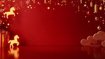Naklejka premium Luxury 3D Gold Fire Horse Chinese New Year Background with Red Gradient